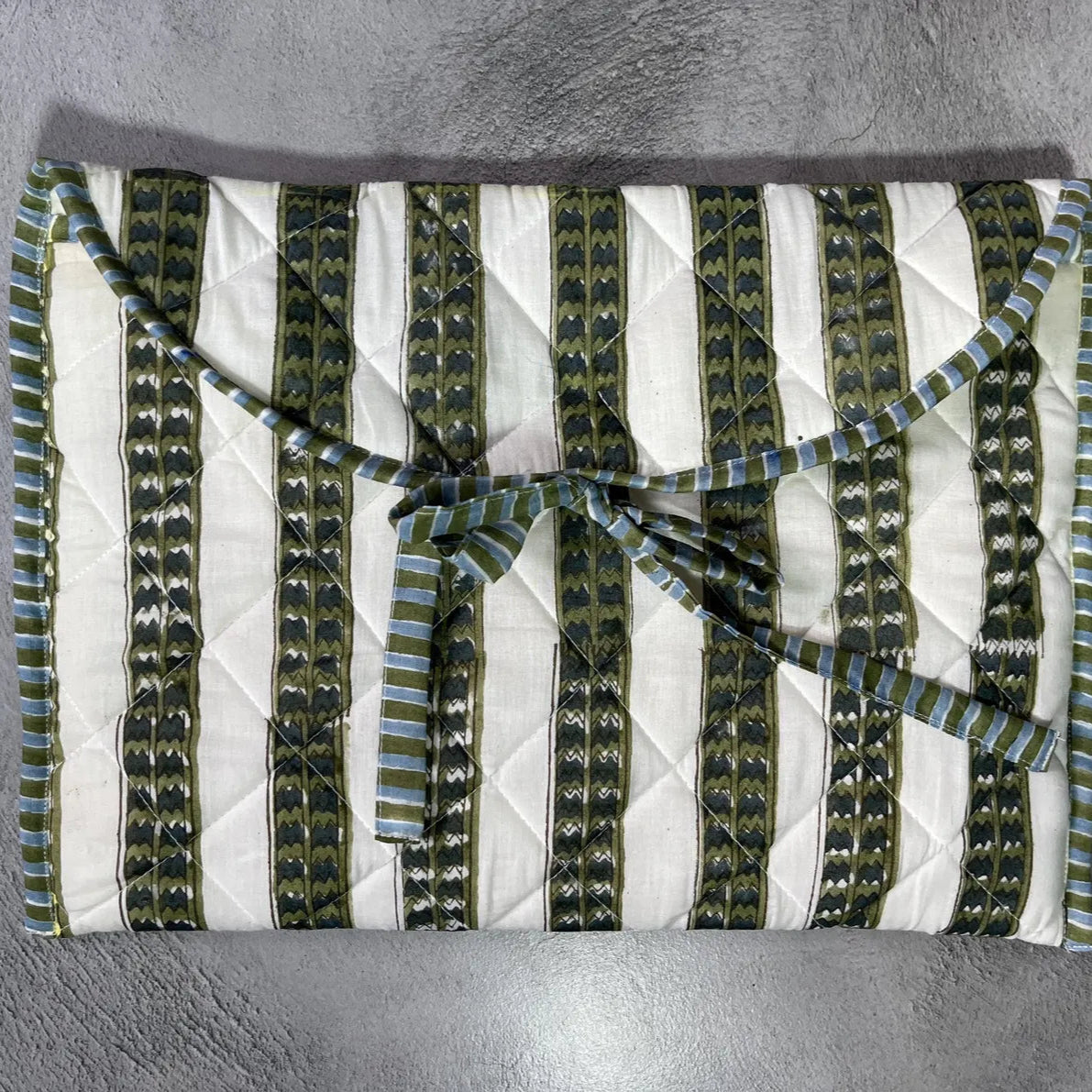 Striped Hand Block Printed Quilted Laptop Sleeve with Bow
