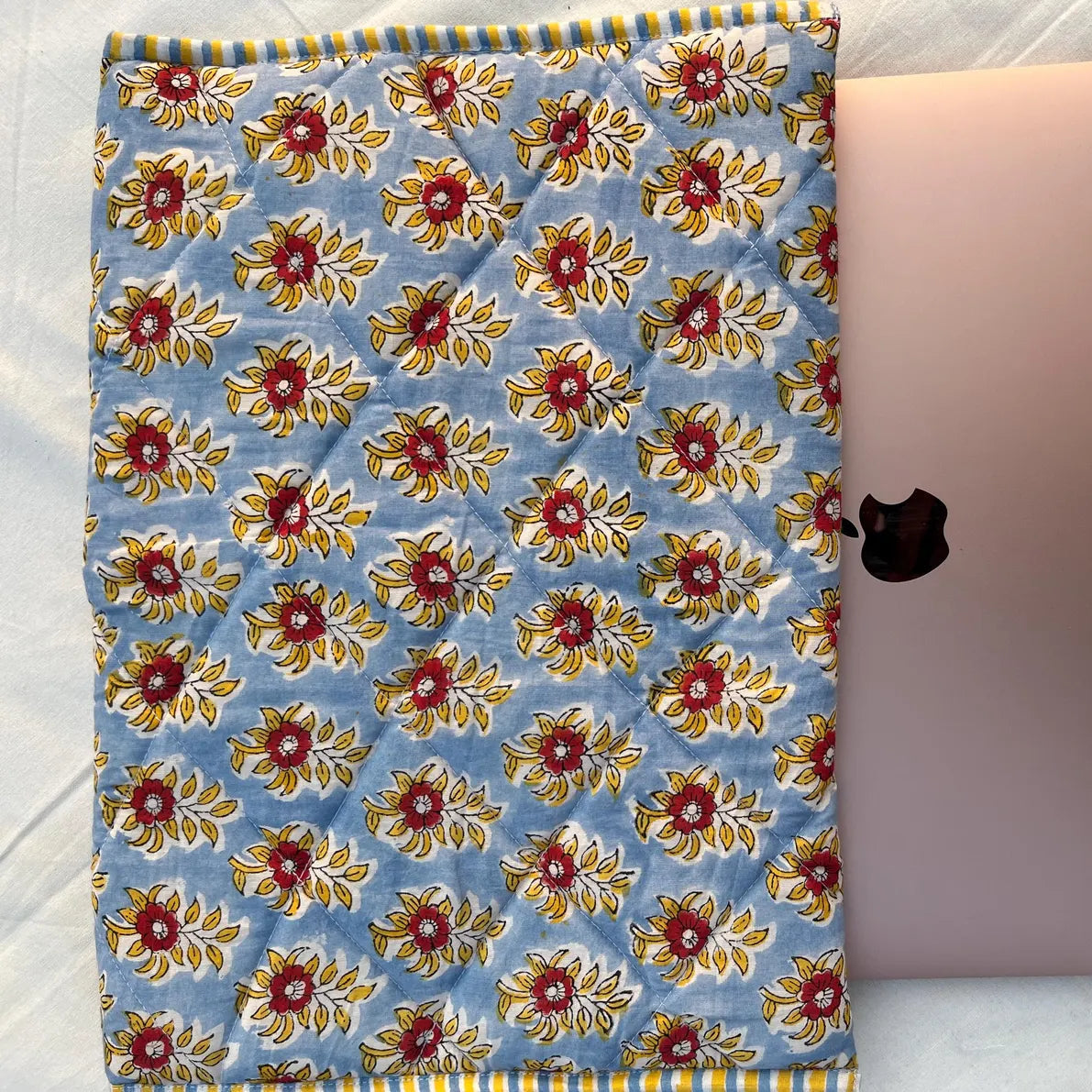 Blue and Yellow Floral Hand Block Printed Quilted Laptop Sleeve