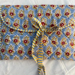 Blue and Yellow Floral Hand Block Printed Quilted Laptop Sleeve