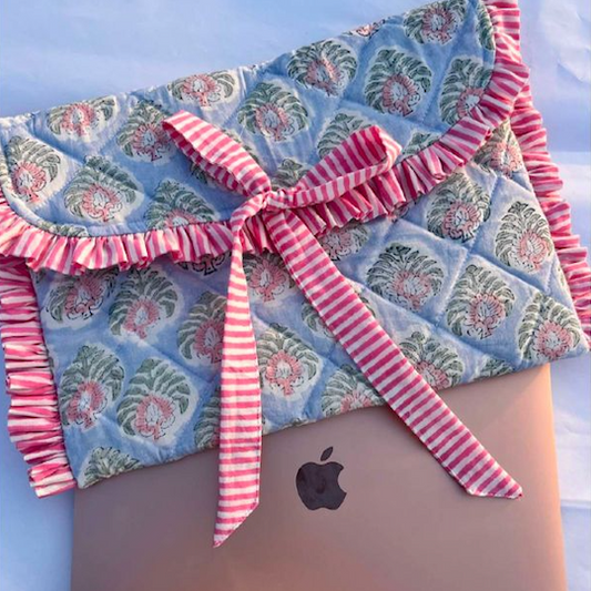 Blue and Pink Floral Hand Block Printed Quilted Laptop Sleeve