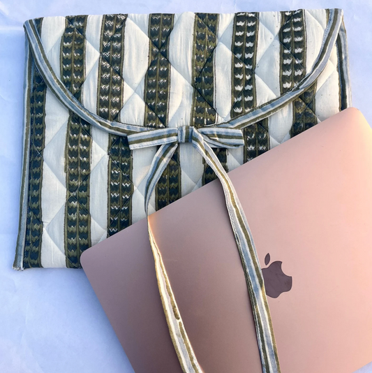 Striped Hand Block Printed Quilted Laptop Sleeve with Bow