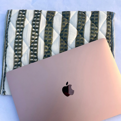 Striped Hand Block Printed Quilted Laptop Sleeve with Bow
