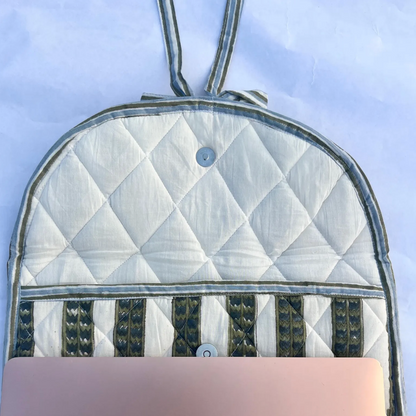 Striped Hand Block Printed Quilted Laptop Sleeve with Bow
