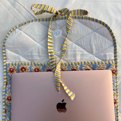Blue and Yellow Floral Hand Block Printed Quilted Laptop Sleeve