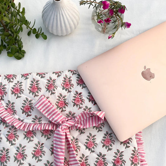 Pink and White Hand Block Printed Quilted Laptop Sleeve