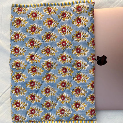 Blue and Yellow Floral Hand Block Printed Quilted Laptop Sleeve
